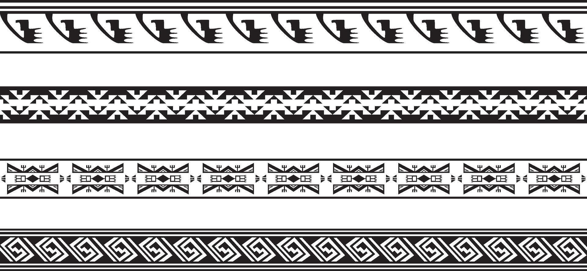 vecteur ensemble de sans couture monochrome géométrique Indien ornements. les frontières, cadres, motifs de indigène les peuples de le amériques, aztèque, Maya, incas.