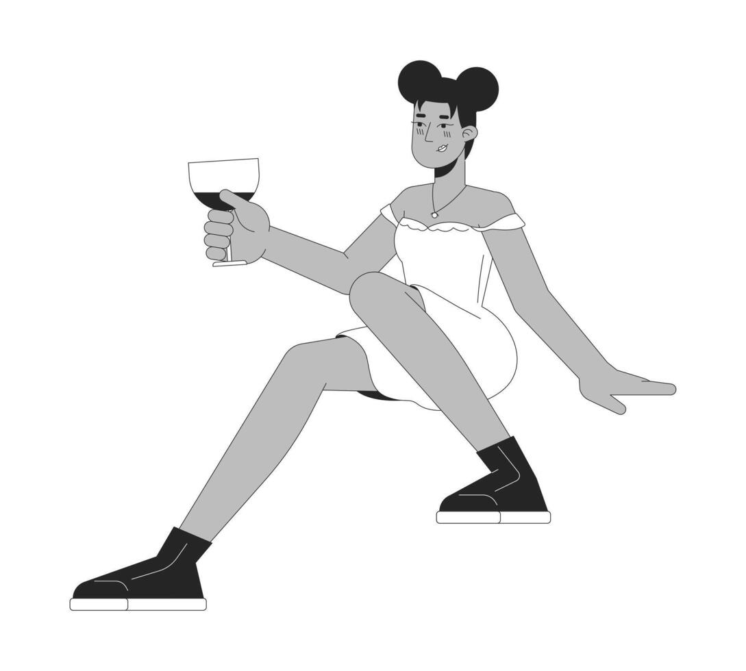 Afro-américain content femme verre de vin noir et blanc 2d ligne dessin animé personnage. du vin verre en portant noir femelle isolé vecteur contour personne. cocktail en buvant monochromatique plat place illustration