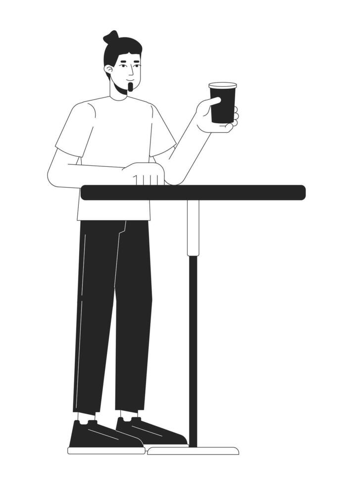 client Masculin en buvant café à table noir et blanc 2d ligne dessin animé personnage. caucasien homme dans café isolé vecteur contour personne. commande boisson dans cafétéria monochromatique plat place illustration