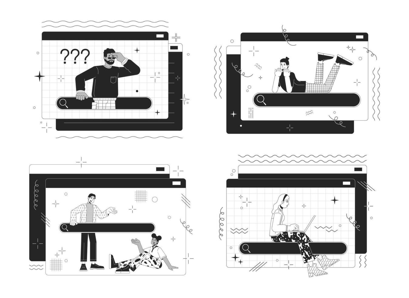 recherche information en ligne 2d linéaire illustration concept ensemble. l'Internet utilisateurs dessin animé personnages isolé sur blanc collection. information navigation en ligne métaphore monochrome vecteur art