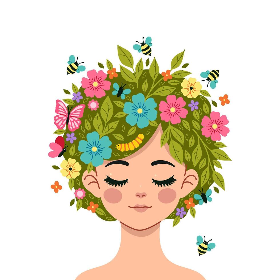 printemps portrait de une fille avec une coiffure avec papillons, les abeilles et fleurs. vecteur graphique.