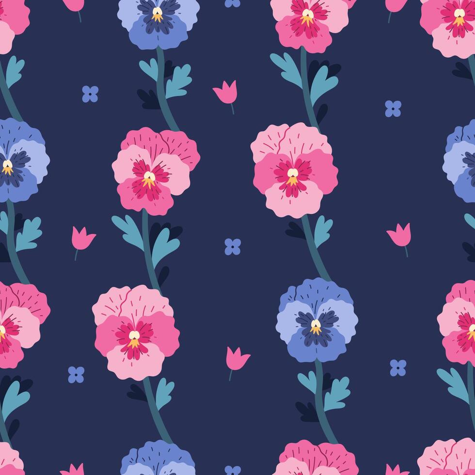 sans couture modèle de pensée fleurs sur une bleu Contexte. vecteur graphique.