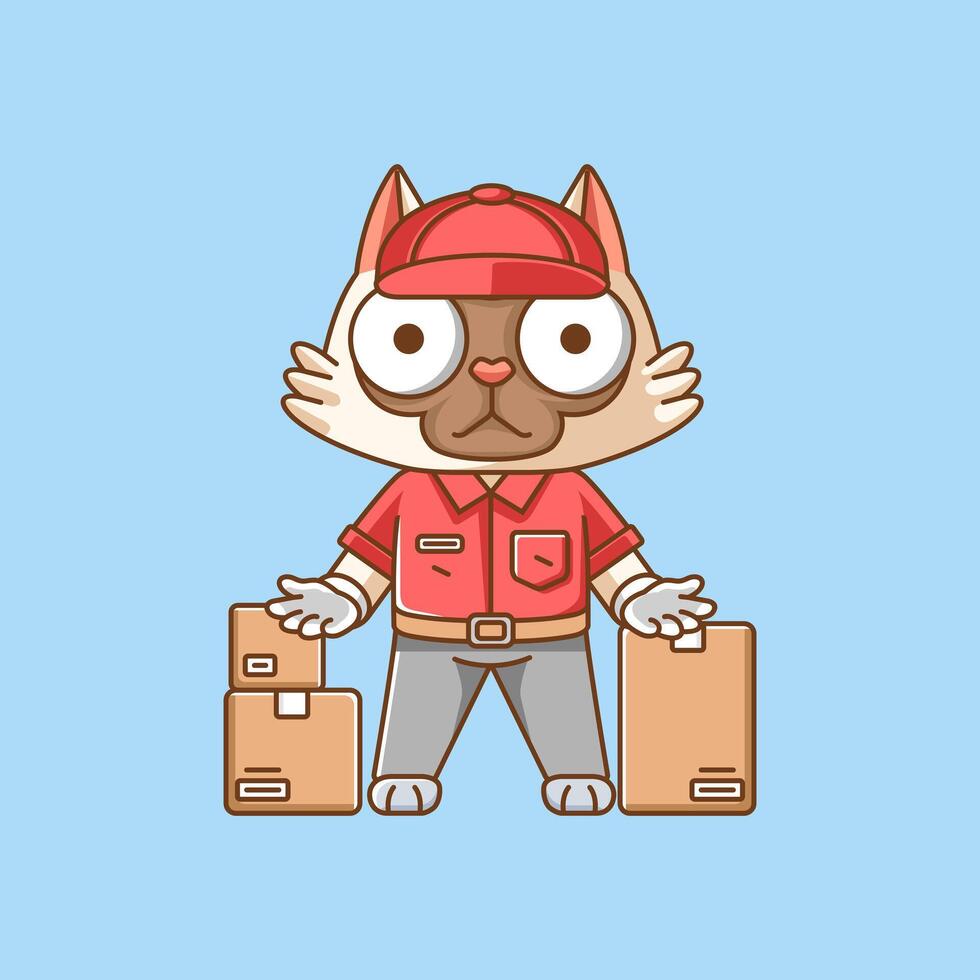 mignonne chat courrier paquet livraison animal chibi personnage mascotte icône plat ligne art style illustration concept dessin animé vecteur