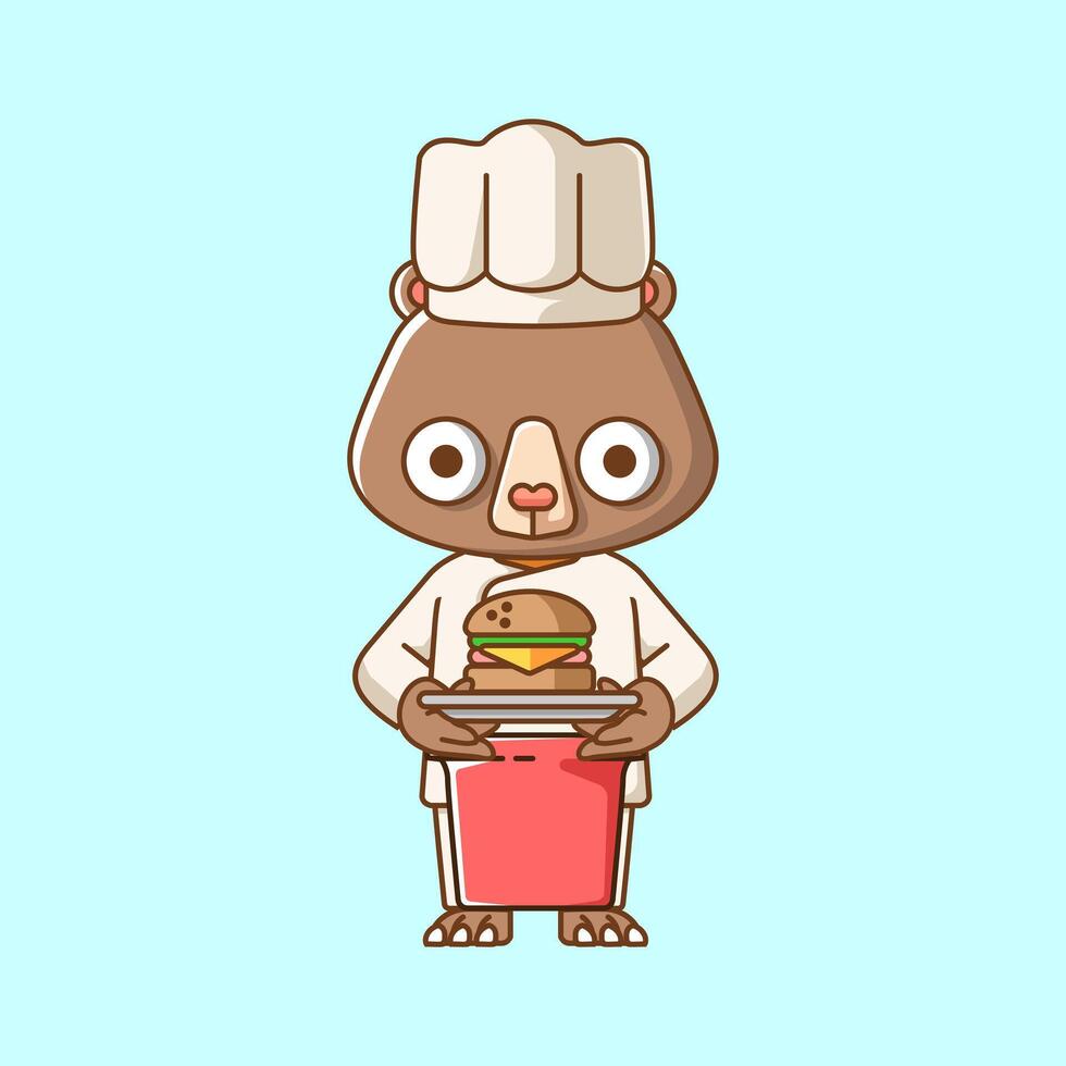 mignonne ours chef cuisinier servir nourriture animal chibi personnage mascotte icône plat ligne art style illustration concept dessin animé vecteur