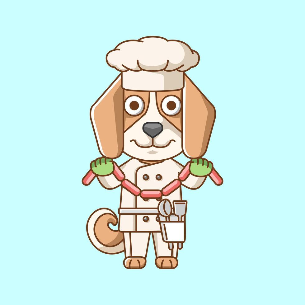 mignonne chien chef cuisinier servir nourriture animal chibi personnage mascotte icône plat ligne art style illustration concept dessin animé vecteur