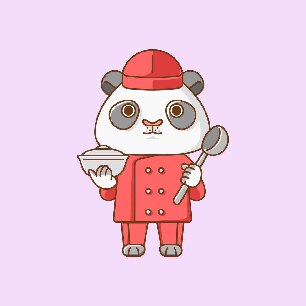 mignonne Panda chef cuisinier servir nourriture animal chibi personnage mascotte icône plat ligne art style illustration concept dessin animé vecteur