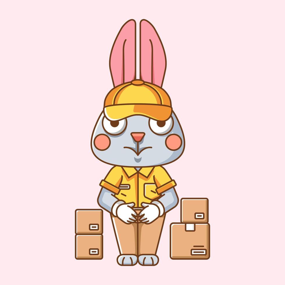 mignonne lapin courrier paquet livraison animal chibi personnage mascotte icône plat ligne art style illustration concept dessin animé vecteur
