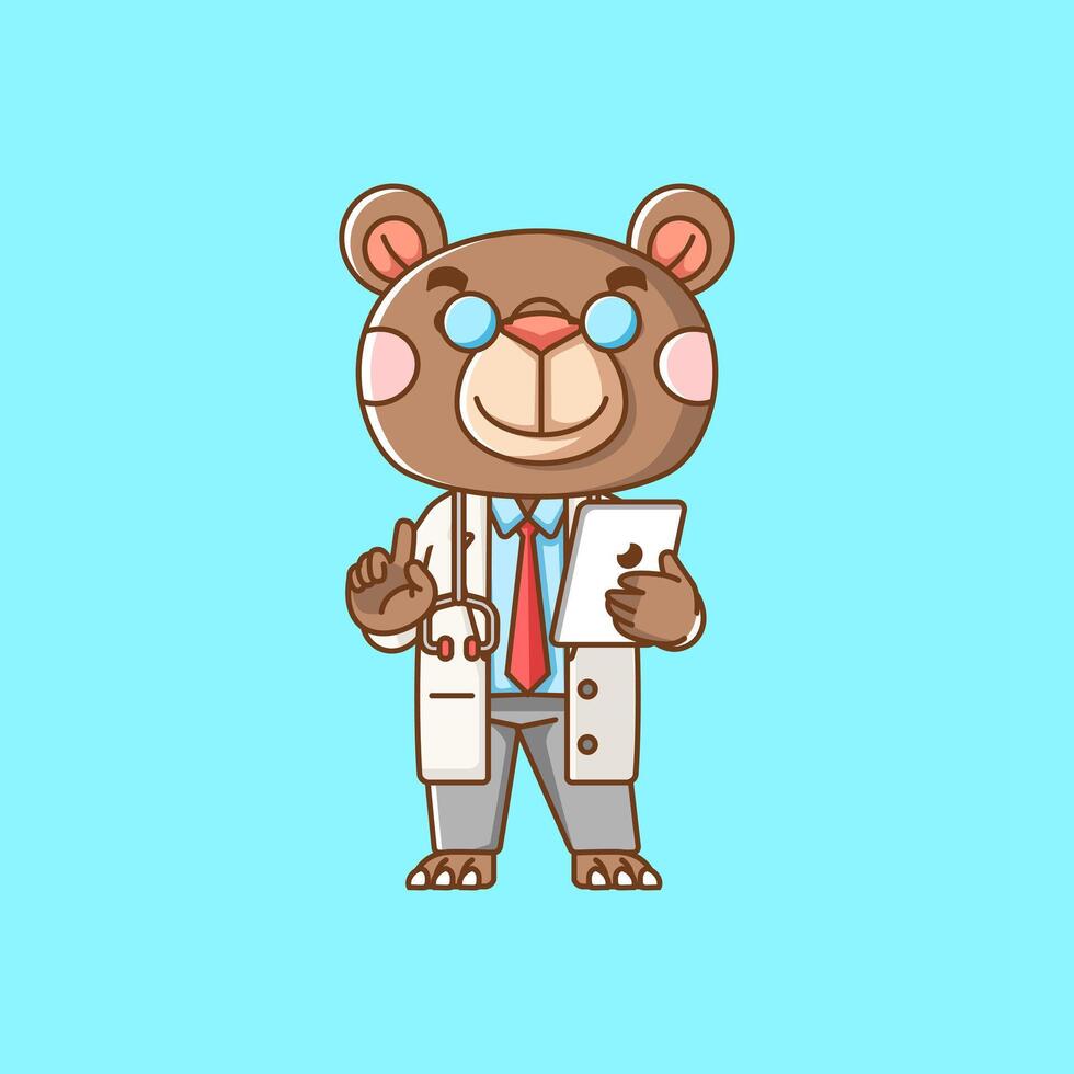 mignonne ours médecin médical personnel chibi personnage mascotte icône plat ligne art style illustration concept dessin animé vecteur