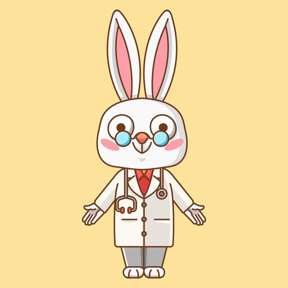 mignonne lapin médecin médical personnel chibi personnage mascotte icône plat ligne art style illustration concept dessin animé vecteur