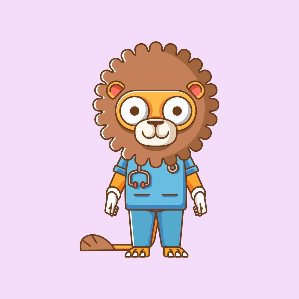 mignonne Lion médecin médical personnel chibi personnage mascotte icône plat ligne art style illustration concept dessin animé vecteur