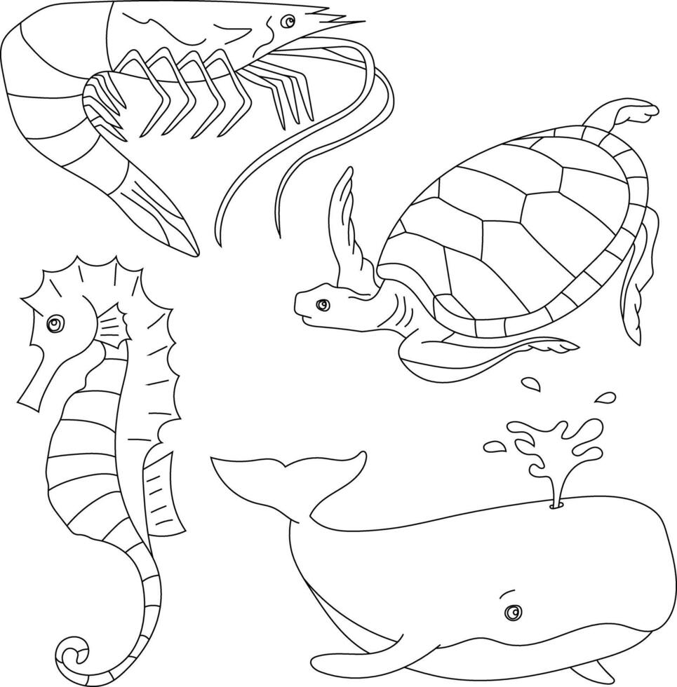 aquatique animaux clipart ensemble. mer animaux de crevette, mer tortue, baleine, hippocampe vecteur