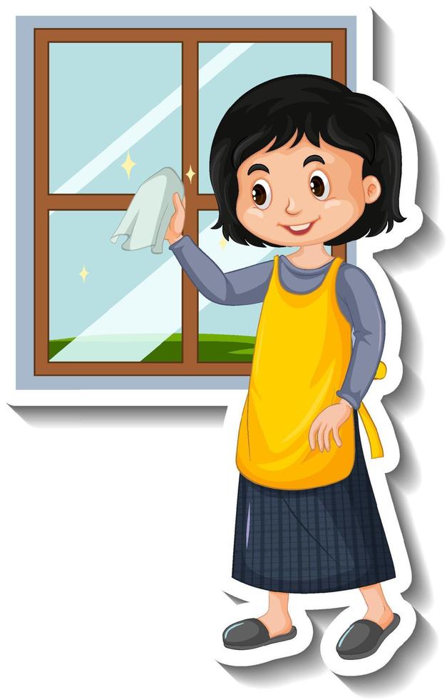 femme de chambre nettoyage fenêtre maison sur fond blanc vecteur