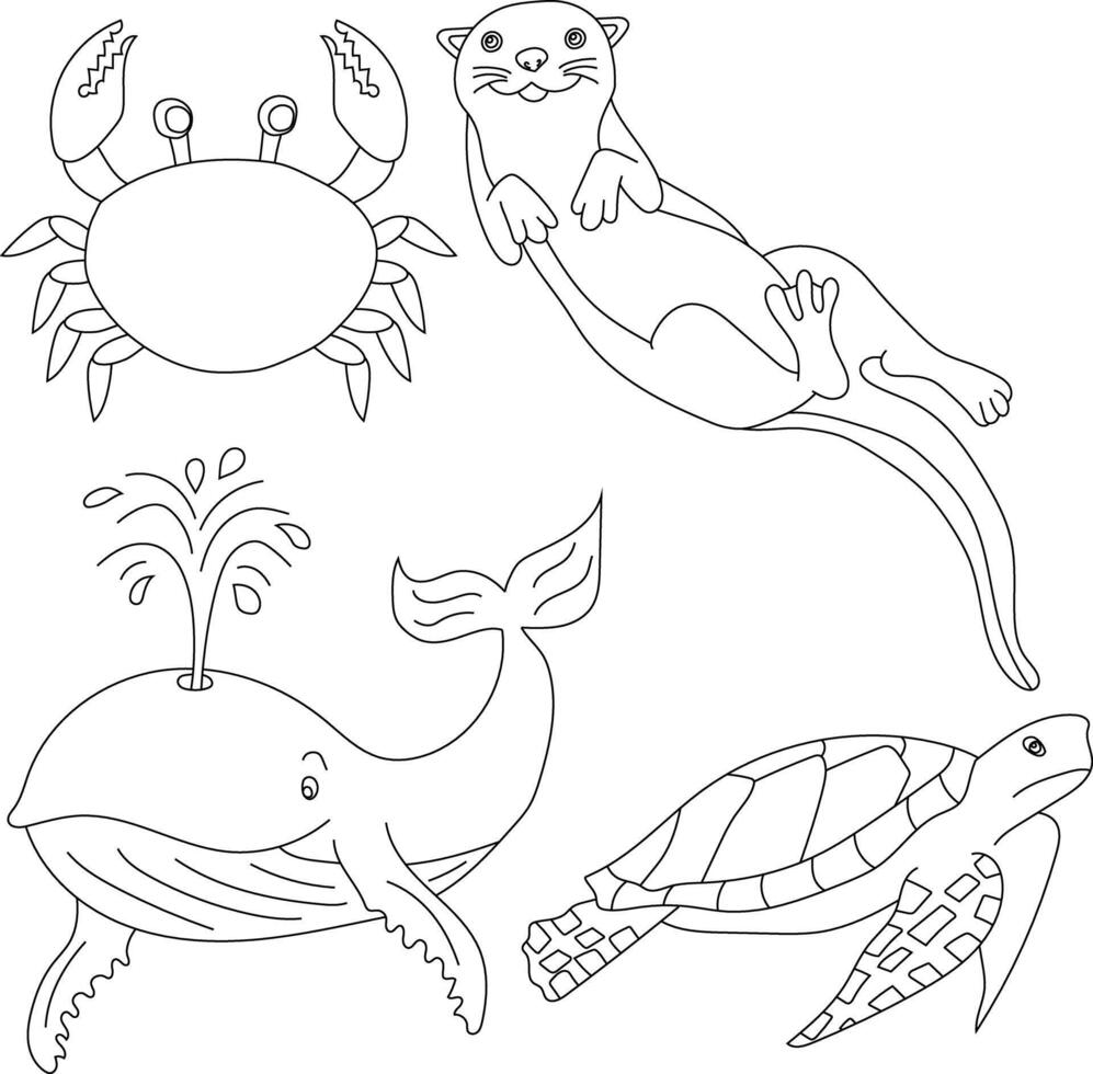 aquatique animaux clipart ensemble. mer animaux de baleine, mer tortue, loutre, Crabe vecteur