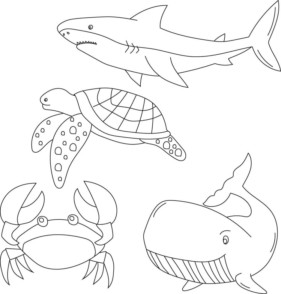 aquatique animaux clipart ensemble. mer animaux de crabe, baleine, requin, mer tortue vecteur