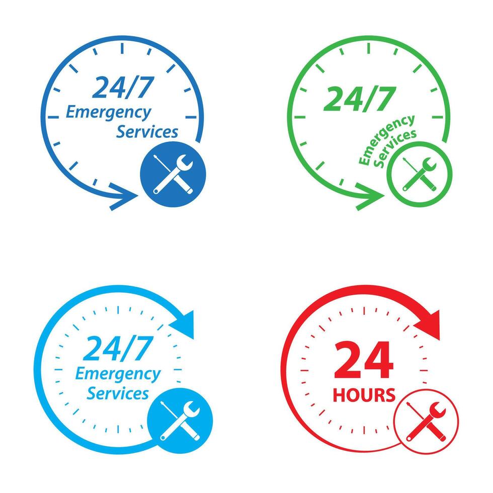 urgence prestations de service 24 heures icône ensemble. horloge, Tournevis et clé logo. badge, temps, client, ouvrir, assistance, livraison. vecteur illustration.