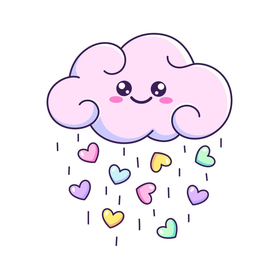 mignonne dessin animé nuage avec une souriant visage il pleut avec cœurs. vecteur des gamins dessin, illustraion
