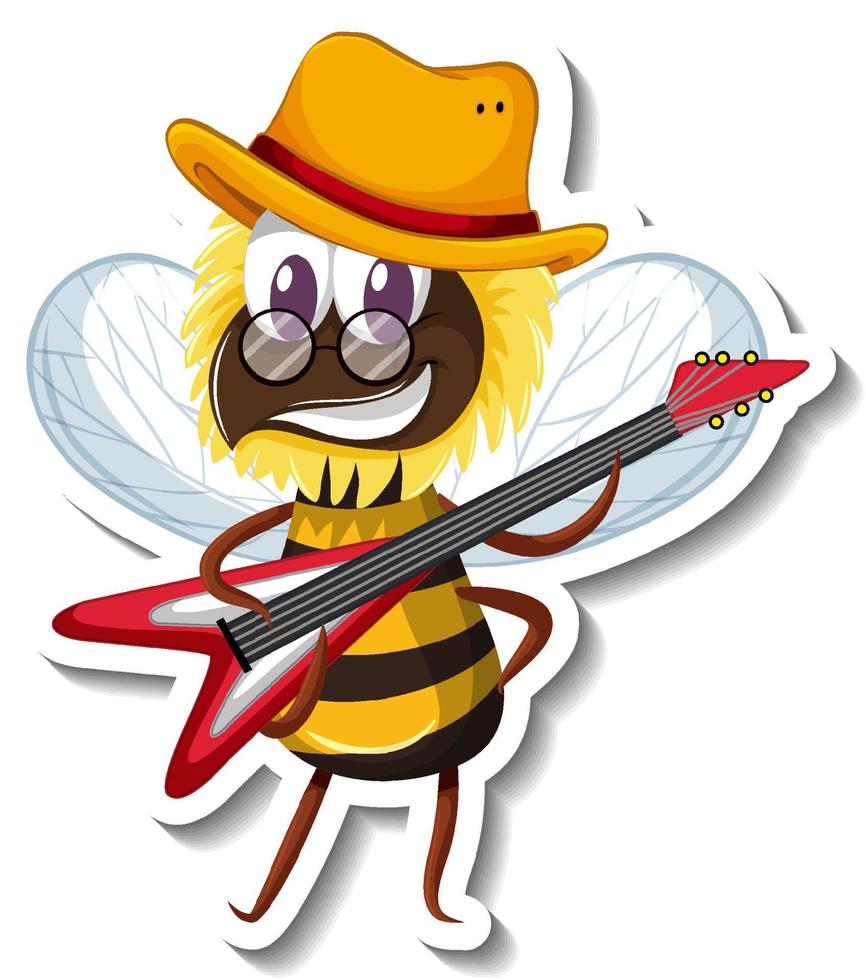 autocollant de dessin animé drôle d'abeille jouant de la guitare vecteur