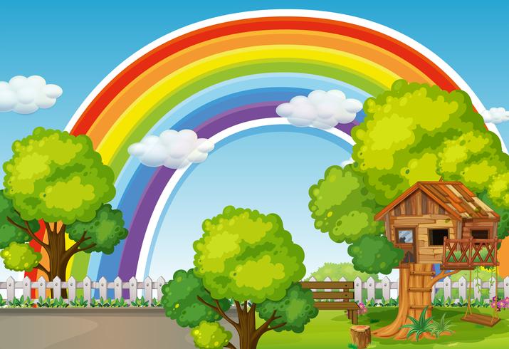 Scène de fond avec rainbow et treehouse vecteur