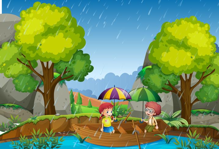 Jour de pluie avec fille et garçon dans le parc vecteur