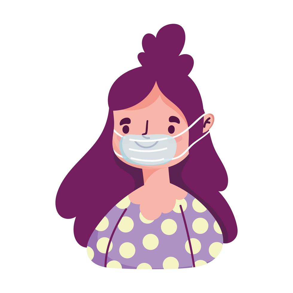 personnage de dessin animé de jeune femme avec masque médical covid 19 icône isolé vecteur