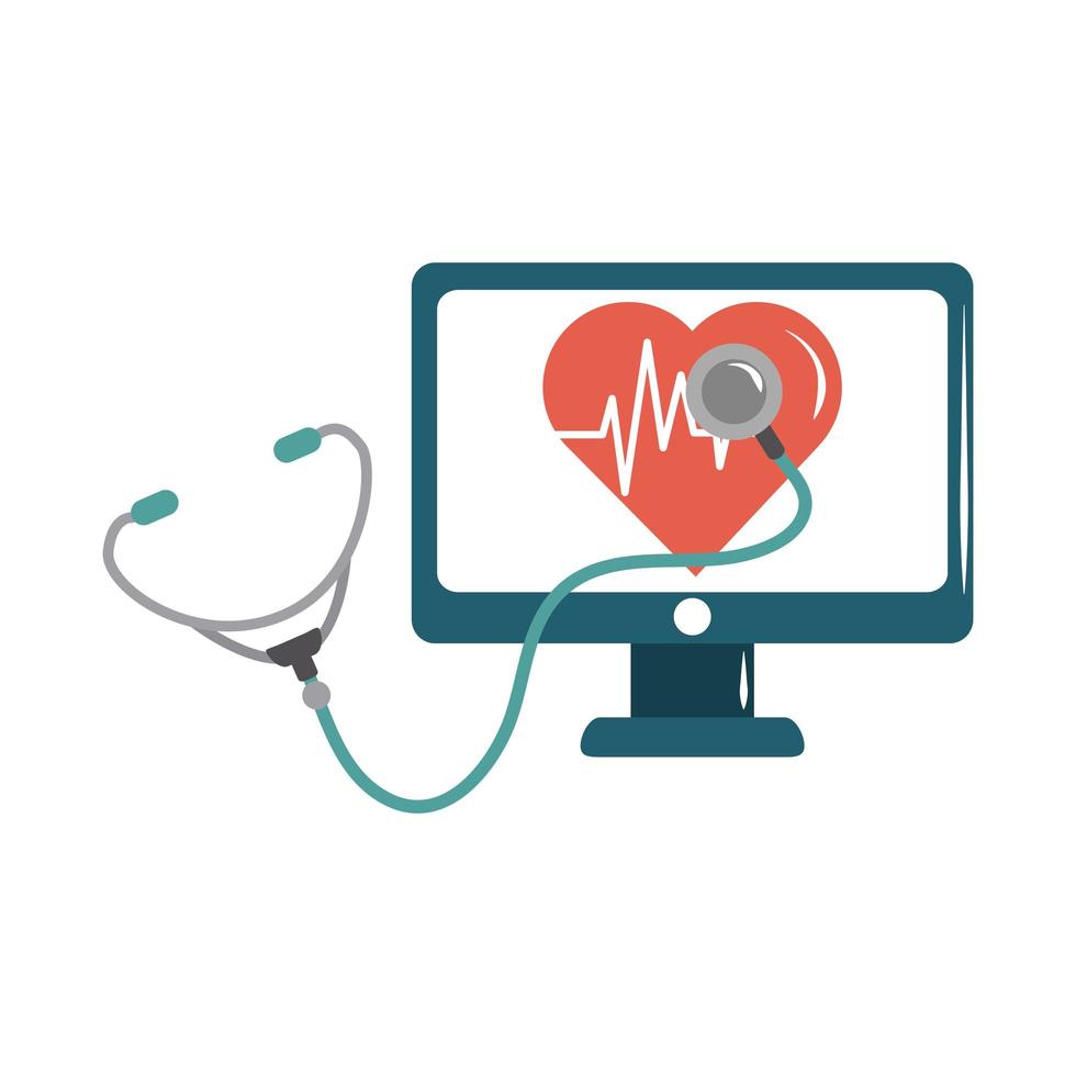 icône de style plat de soins de battement de coeur de stéthoscope d'ordinateur de docteur en ligne vecteur