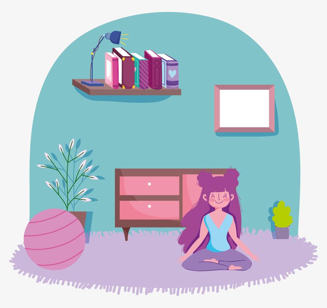 fille en lotus pose yoga avec ballon dans la chambre, exercices à la maison vecteur