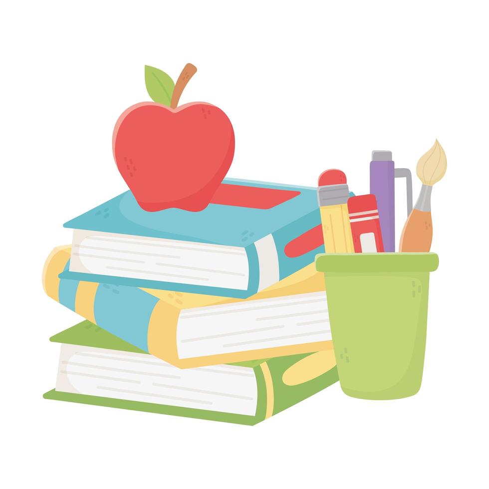 livres scolaires isolés crayons tasse et conception de vecteur de pomme