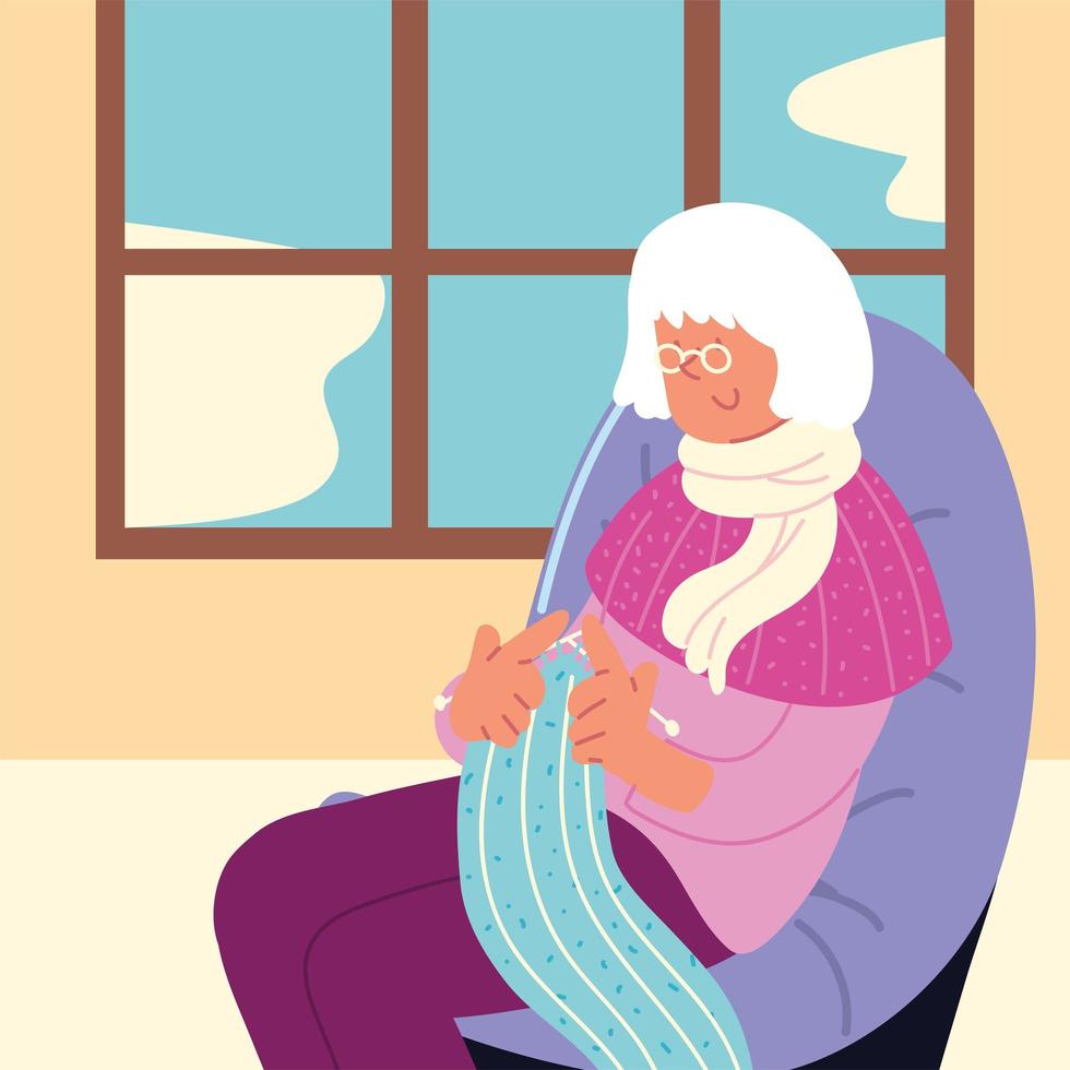 grand-mère tricotant à la maison vecteur