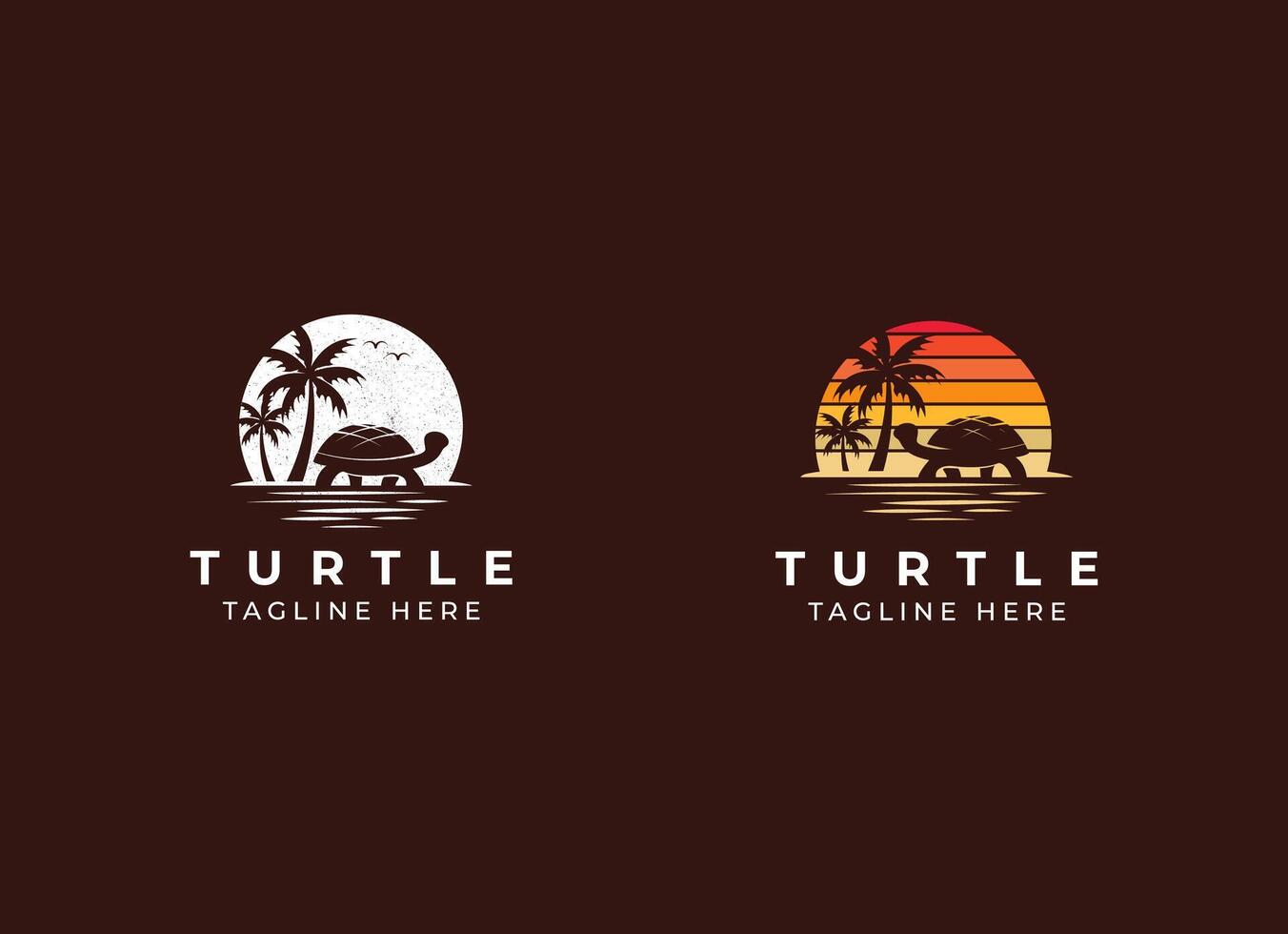 tortue dans le plage et le coucher du soleil logo vecteur illustration