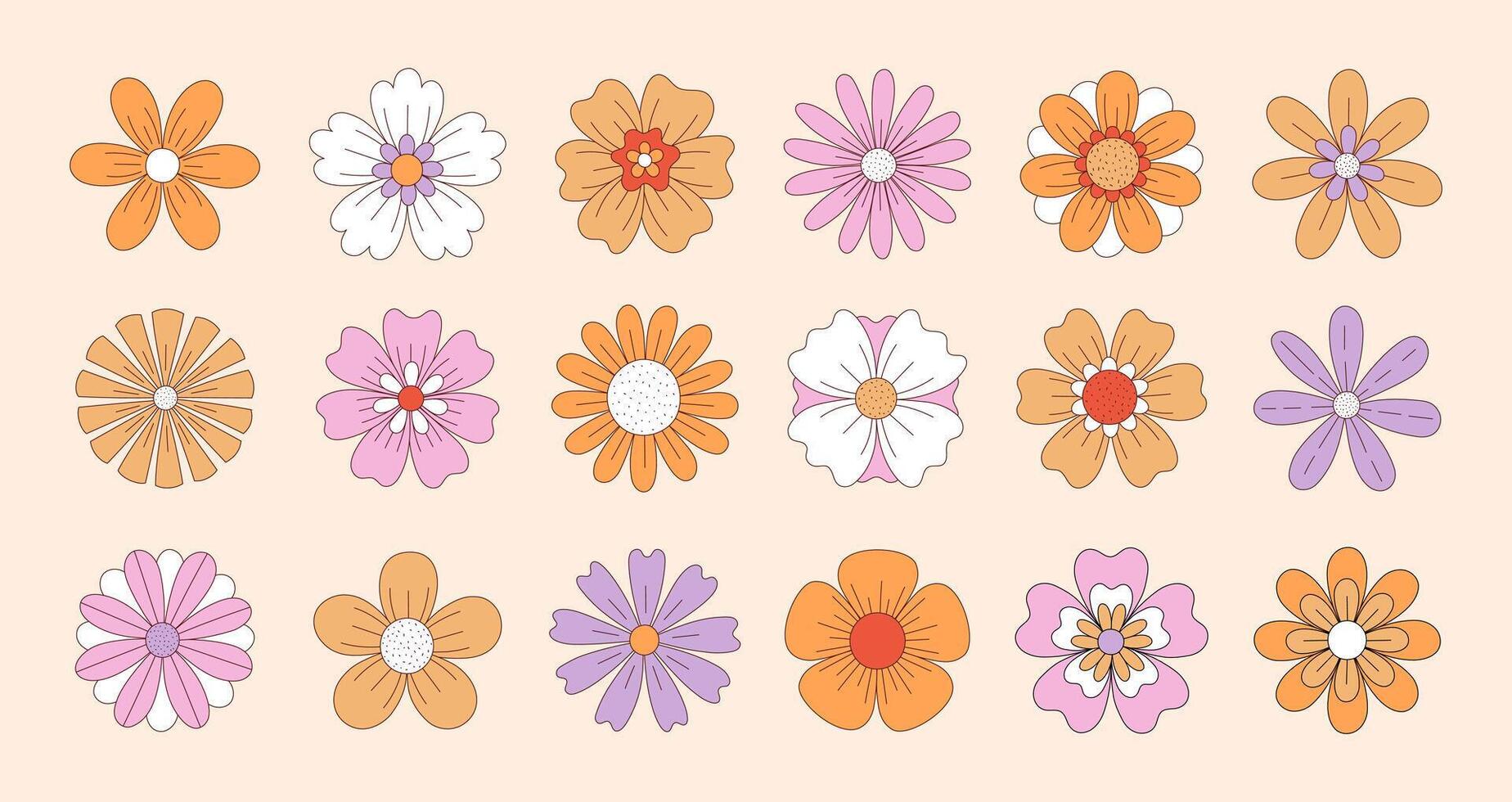 collection de sensationnel hippie fleurs dans rétro Années 1970 style. ancien main tiré froussard fleurs. vecteur illustration