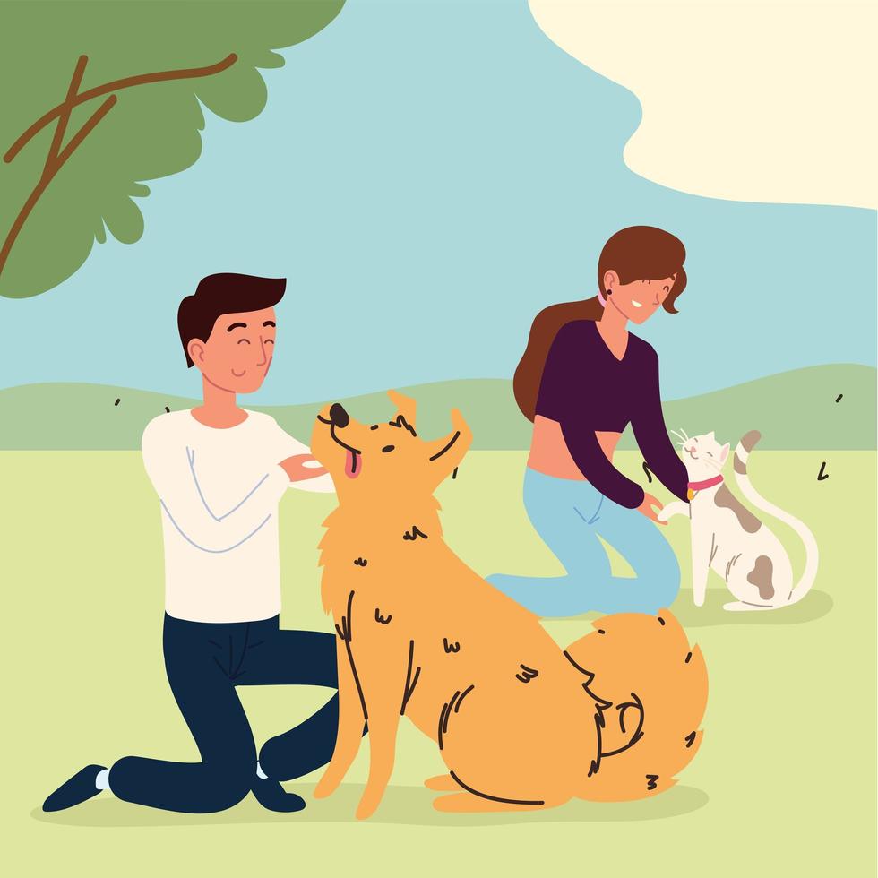 personnes dans le parc avec des animaux domestiques vecteur