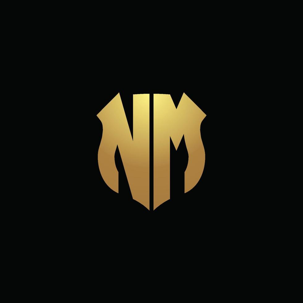 monogramme du logo nm avec des couleurs dorées et un modèle de conception de forme de bouclier vecteur