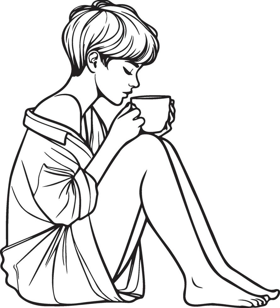femme boisson café à Accueil esquisser dessin. vecteur