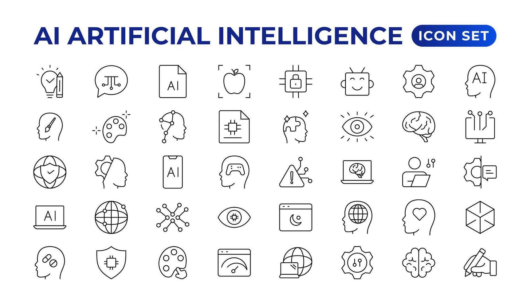 ensemble de ai artificiel intelligence icône ensemble vecteur collection. ai essentiel ligne icône collection, artificiel intelligence icône ensemble dans ligne style, machine apprentissage, intelligent robotique gratuit vecteur