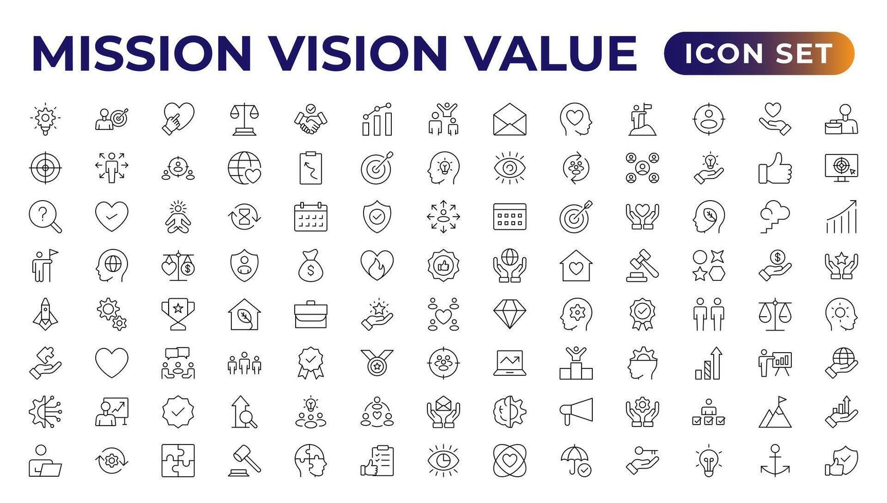 mission, vision et valeur icône ensemble. contour illustration de Icônes. coeur valeurs ligne Icônes. vision, social responsabilité, et résolution de problème. vecteur