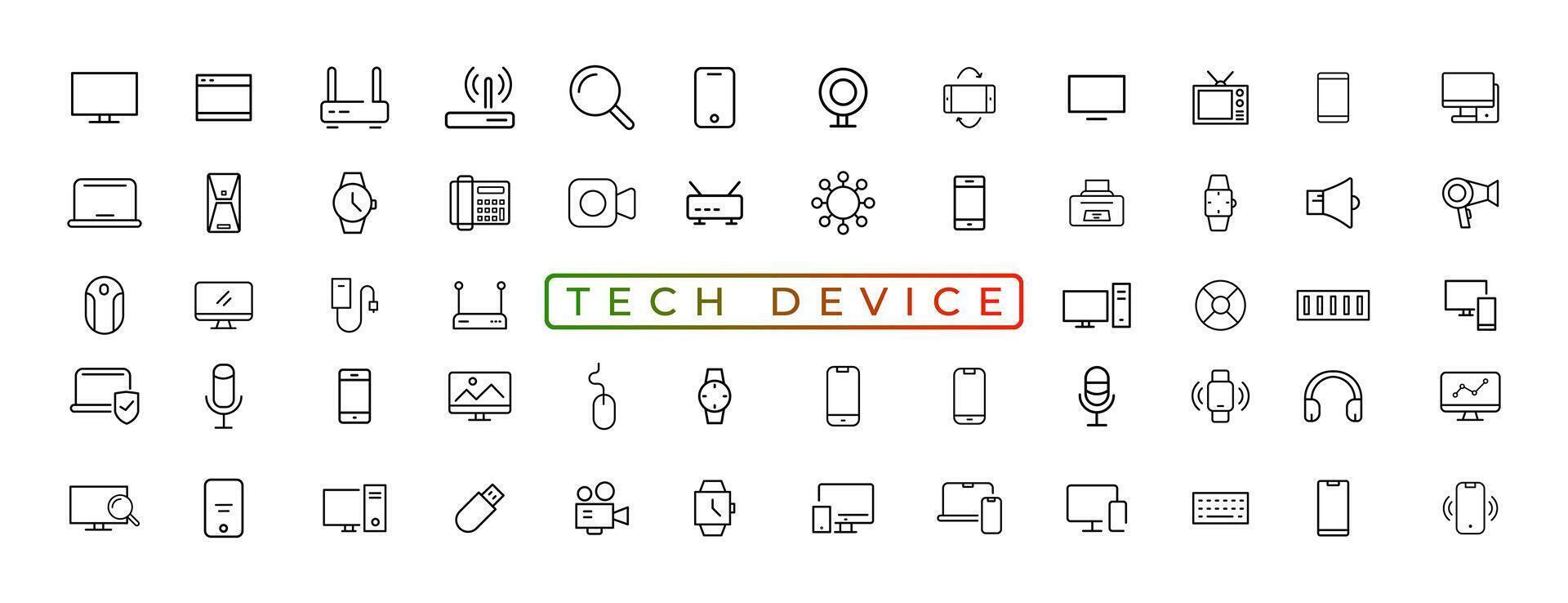 dispositif et La technologie ligne icône ensemble. électronique dispositifs et gadgets, ordinateur, équipement et électronique. ordinateur moniteur, téléphone intelligent, tablette et portable sumbol collection - Stock ... vecteur