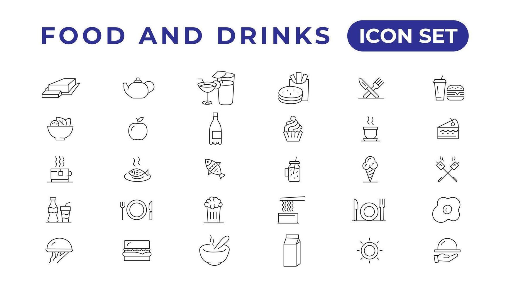 nourriture icône collection. contenant repas, restaurant, vaisselle et des fruits icône. vecteur illustration