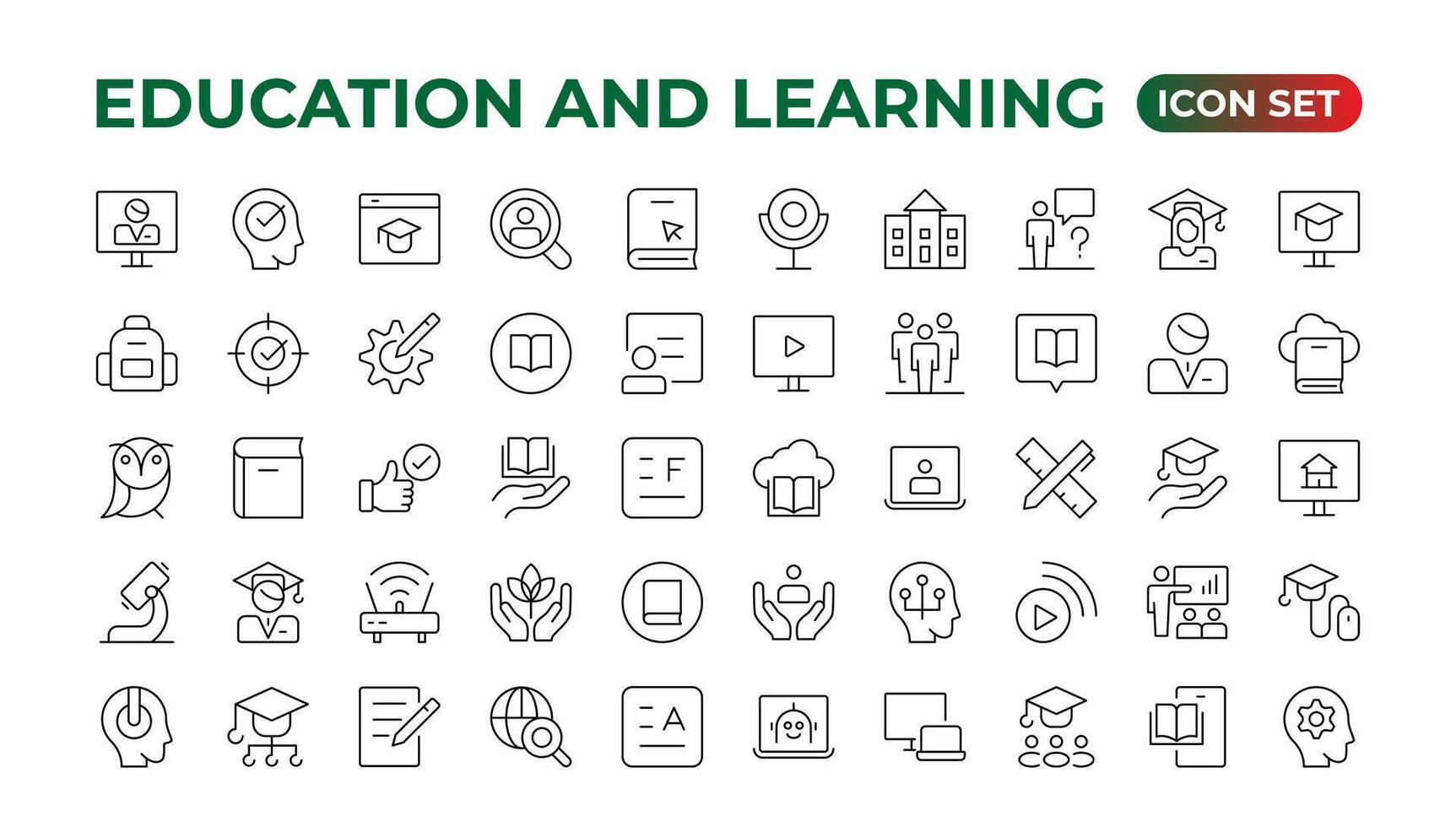 éducation ligne icône collection.contient connaissance, collège, tâche liste, conception, entraînement, idée, professeur, déposer, l'obtention du diplôme chapeau, institut, règle, et télescope. vecteur