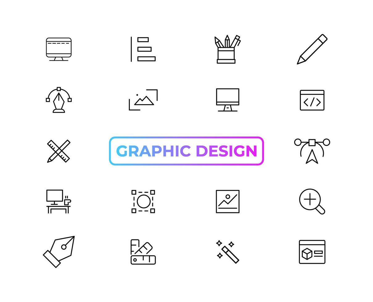 ensemble de mince ligne Icônes de graphique conception. Facile linéaire Icônes dans une moderne style plat, Créatif processus. graphique conception, Créatif emballer, Stationnaire, Logiciel et plus Facile interface utilisateur, ux vecteur Icônes