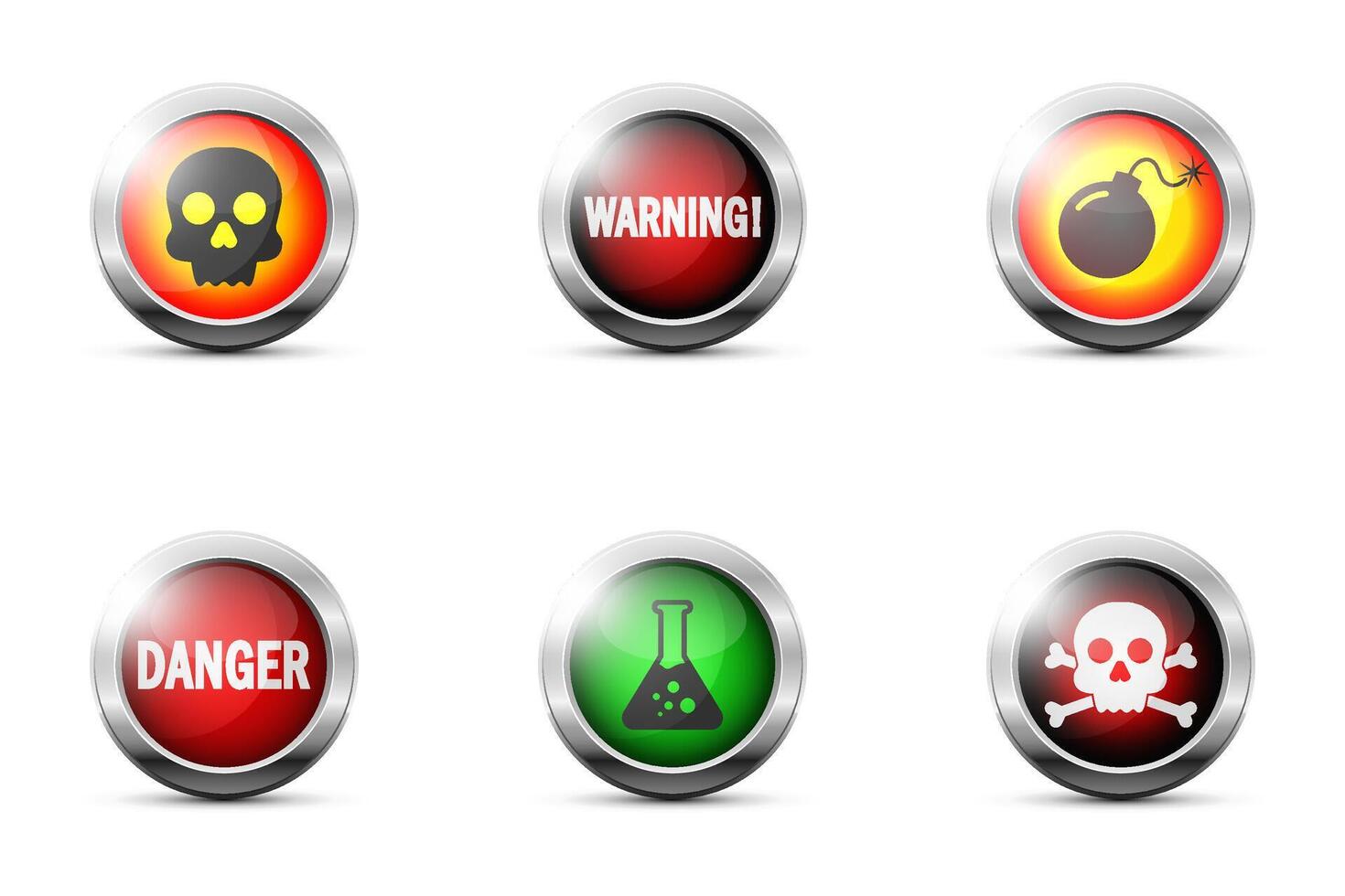ensemble de coloré brillant boutons avec danger panneaux. crâne icône. bombe signe. os croisé symbole. plat vecteur illustration.