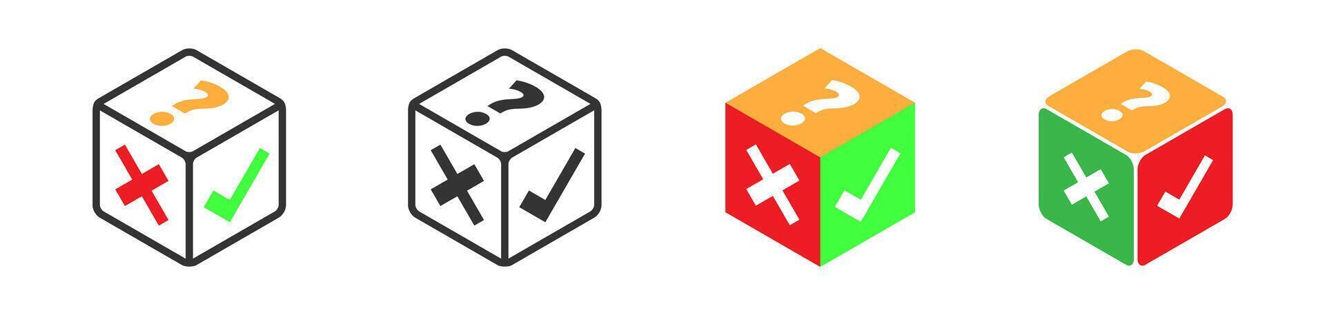 cube avec vérifier marquer, croix, et question marque icône. coloré isométrique conception. vecteur illustration.
