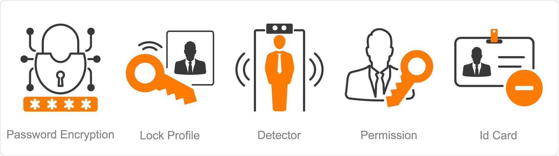 une ensemble de 5 Sécurité Icônes comme mot de passe chiffrement, fermer à clé profil, détecteur vecteur