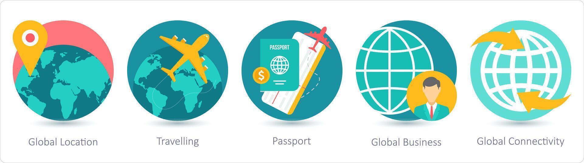 une ensemble de 5 affaires Icônes comme global emplacement, en voyageant, passeport vecteur