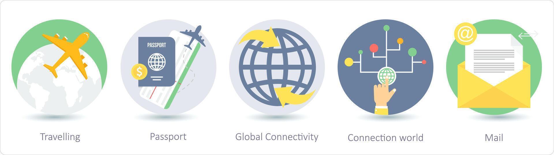 une ensemble de 5 affaires Icônes comme en voyageant, passeport, global connectivité vecteur