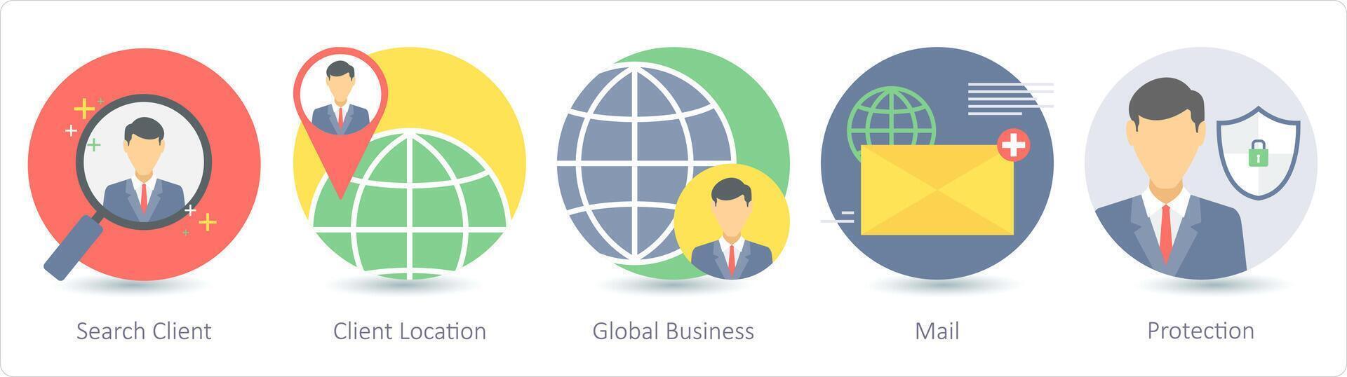 une ensemble de 5 affaires Icônes comme chercher client, client emplacement, global affaires vecteur