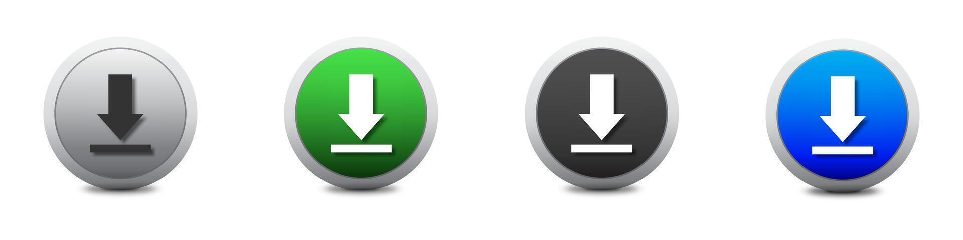 Télécharger icône ensemble. télécharger bouton. charge symbole. rond coloré boutons avec ombres en dessous de il. plat vecteur illustration.