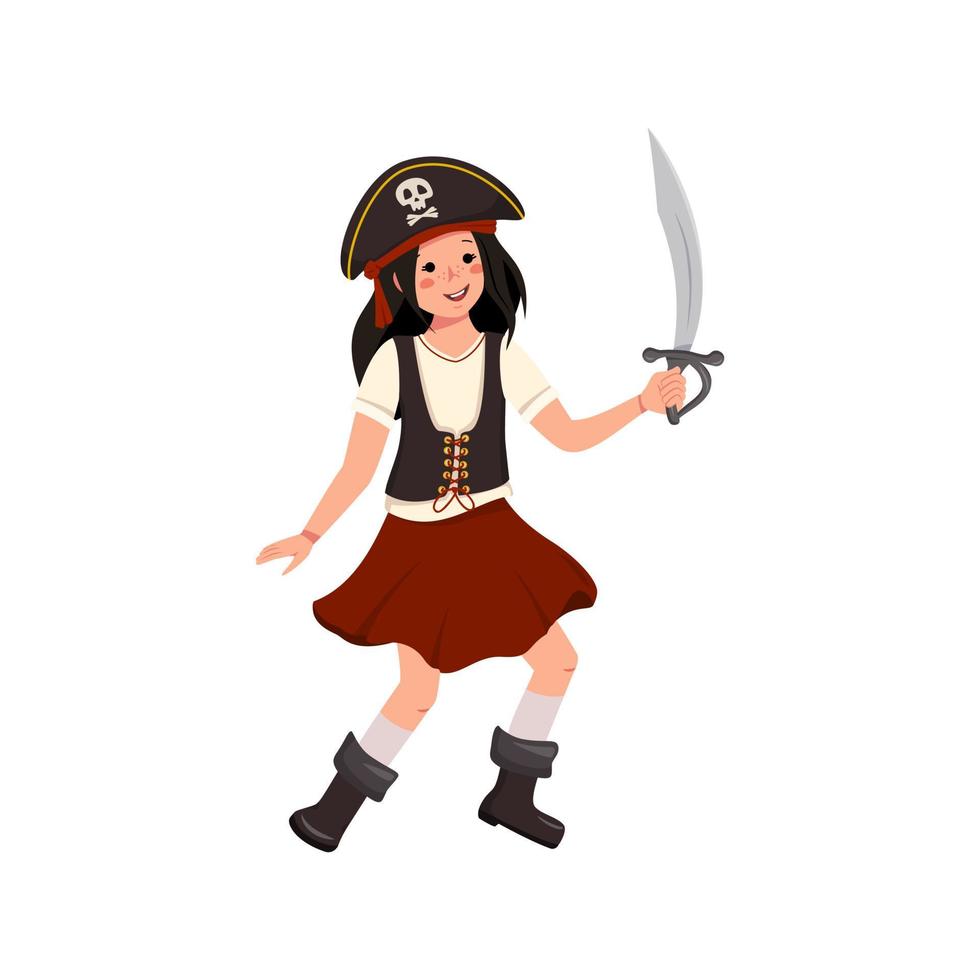 fille de pirate heureuse avec sabre et bicorne. enfant joyeux en costume de carnaval agitant l'épée. vêtements de fête pour halloween, nouvel an, vacances et fête des enfants vecteur