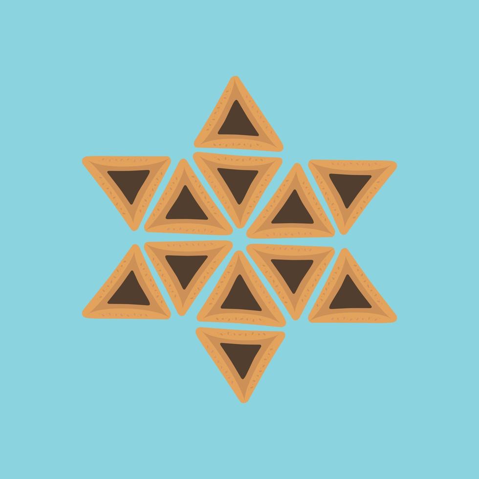Pourim vacances design plat icônes de hamantashs en forme d'étoile de david avec fond bleu vecteur