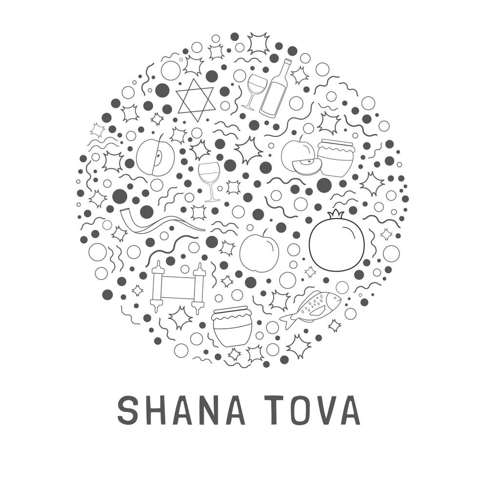 rosh hashanah vacances design plat noir fine ligne icônes définies en forme ronde avec texte en anglais vecteur