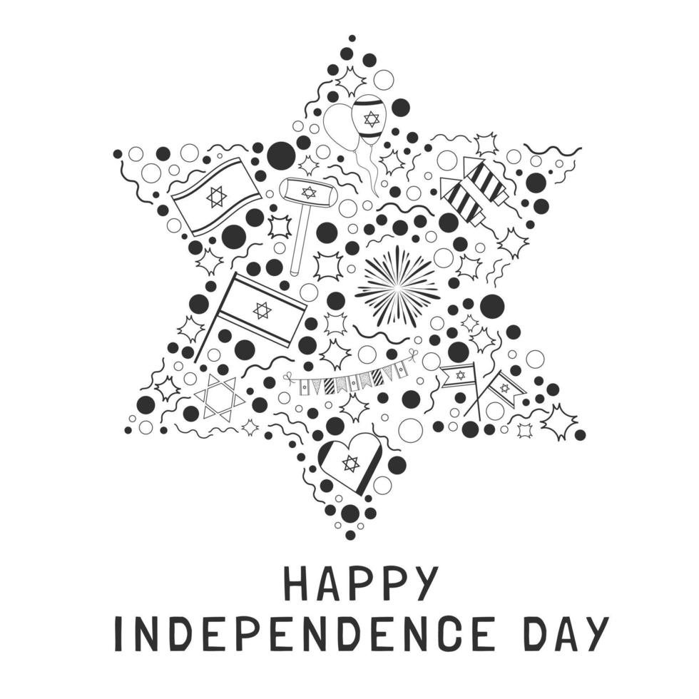 Israël fête de l'indépendance maison de vacances design plat noir fine ligne icônes définies en forme d'étoile de david avec texte en anglais vecteur